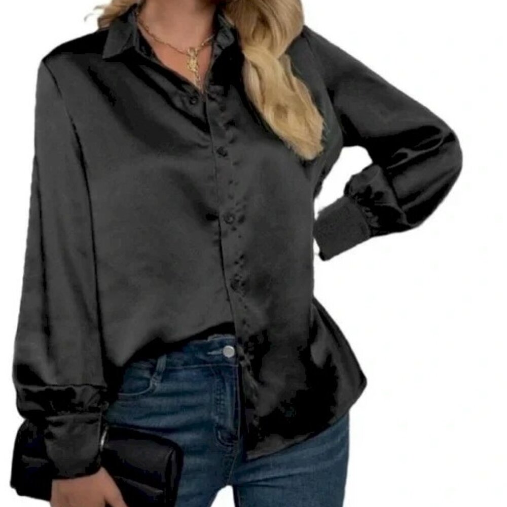Joie Black Satin Long Sleeve Blouse Top Loose Fit Size XXL New NWT
